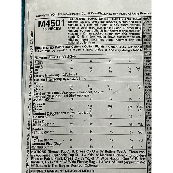 McCalls pattern 4501 toddler dress top pants bag size 1 2 3 4 - Picture 4 of 8